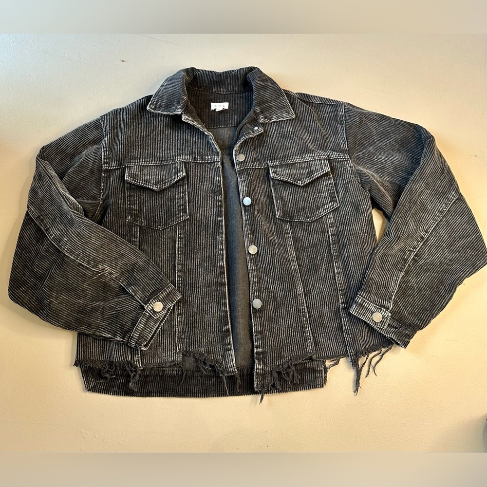 POL Black Corduroy Jacket Distressed Frayed Hem Button Front Women’s Size L